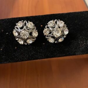 Silver  Stud Earrings with Clear Stones, Floral, Flowers
